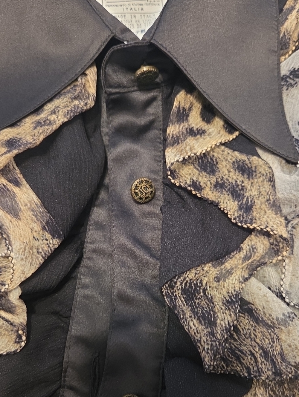 Just Cavalli Sheer Black Silk Blouse with Leopard Ruffle & Satin Trim - 44 / S - Picture 2 of 4